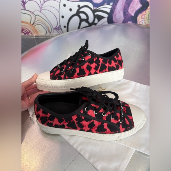 Christian Dior Walk N Dior Low Top Sneakers Canvas Red Animal Print US 9 EUR 40 - Picture 3 of 14